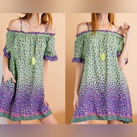 Easel | Hayley Border Printed Rayon Voile Off the Shoulder Dress Purple Medium - Picture 1 of 10